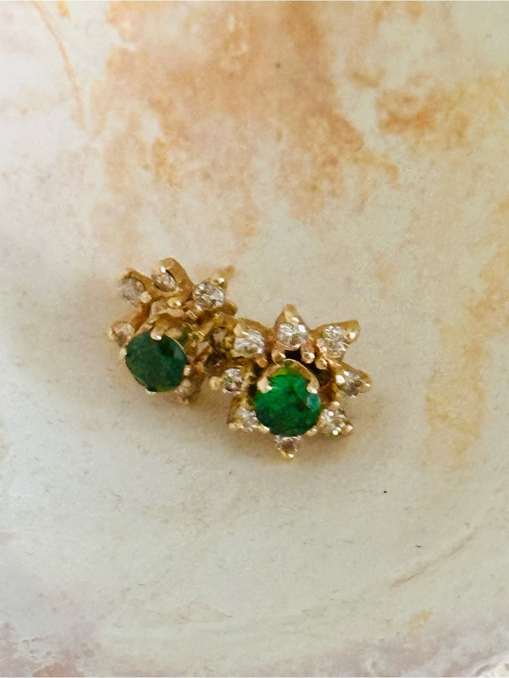 Gold Diamond and Synthetic Emerald Flower Stud Earrings